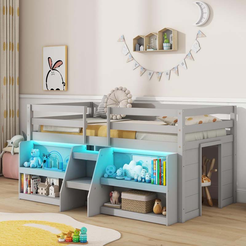 Low Loft Bed with LED Lights & Storage Bookcase, Kids Twin Size Loft Bed with Stairs, Safety Guardrail & Under-Bed Play Space