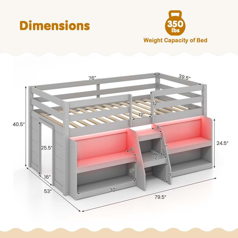 Low Loft Bed with LED Lights & Storage Bookcase, Kids Twin Size Loft Bed with Stairs, Safety Guardrail & Under-Bed Play Space