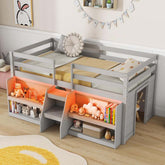 Low Loft Bed with LED Lights & Storage Bookcase, Kids Twin Size Loft Bed with Stairs, Safety Guardrail & Under-Bed Play Space