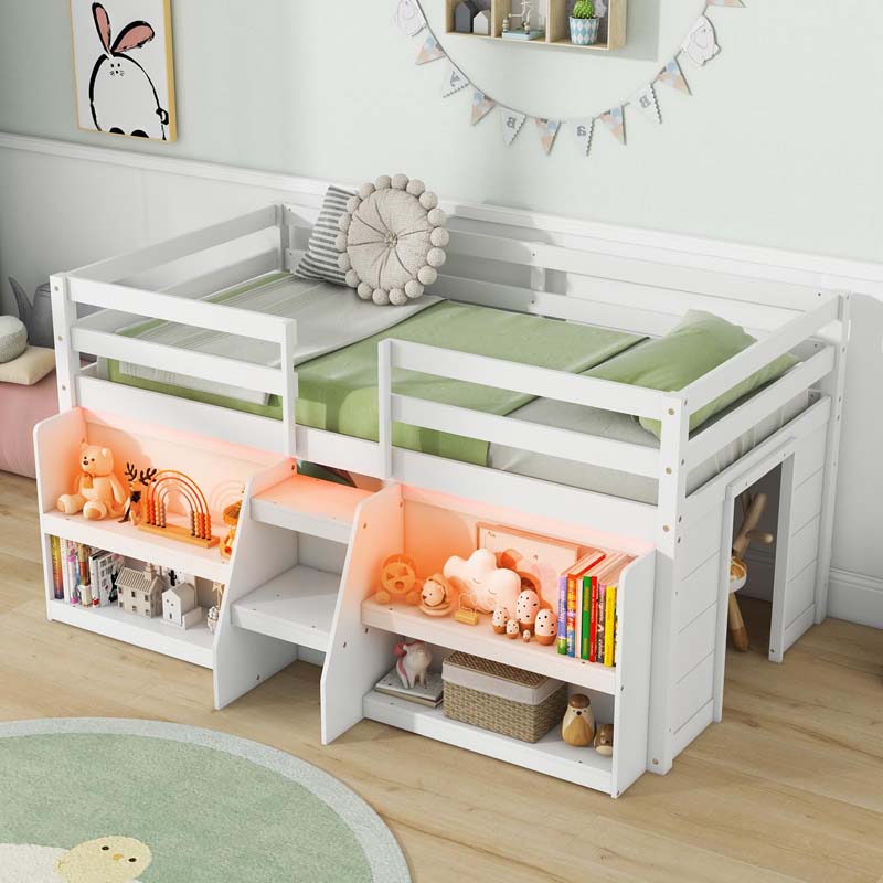 Low Loft Bed with LED Lights & Storage Bookcase, Kids Twin Size Loft Bed with Stairs, Safety Guardrail & Under-Bed Play Space