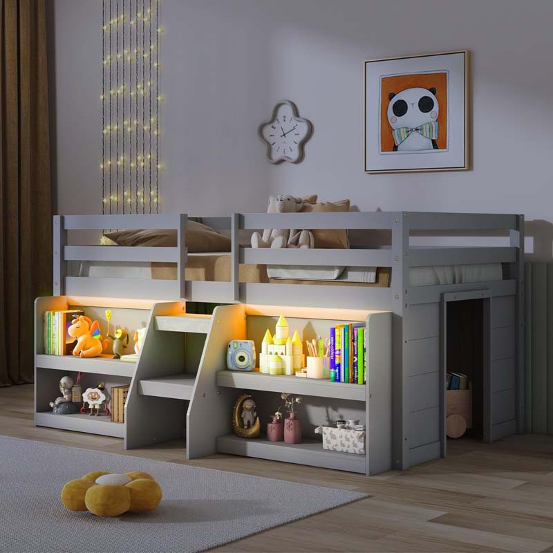 Low Loft Bed with LED Lights & Storage Bookcase, Kids Twin Size Loft Bed with Stairs, Safety Guardrail & Under-Bed Play Space