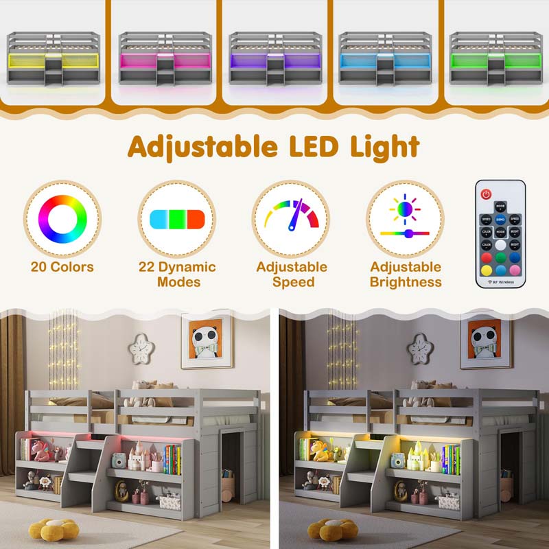 Low Loft Bed with LED Lights & Storage Bookcase, Kids Twin Size Loft Bed with Stairs, Safety Guardrail & Under-Bed Play Space