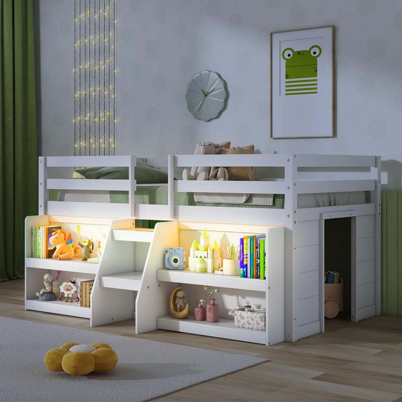 Low Loft Bed with LED Lights & Storage Bookcase, Kids Twin Size Loft Bed with Stairs, Safety Guardrail & Under-Bed Play Space