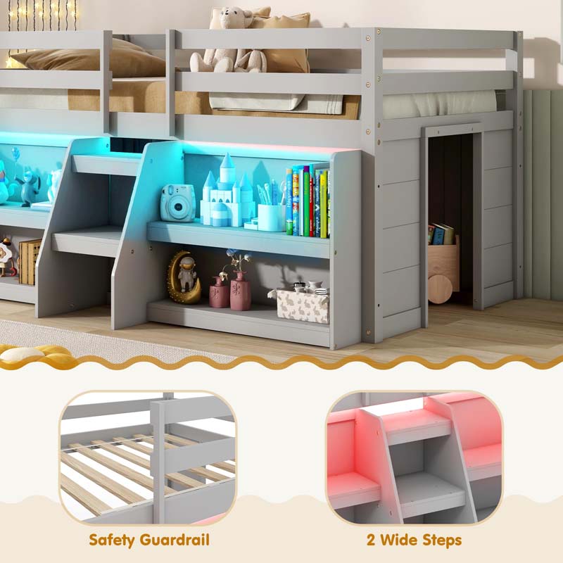 Low Loft Bed with LED Lights & Storage Bookcase, Kids Twin Size Loft Bed with Stairs, Safety Guardrail & Under-Bed Play Space