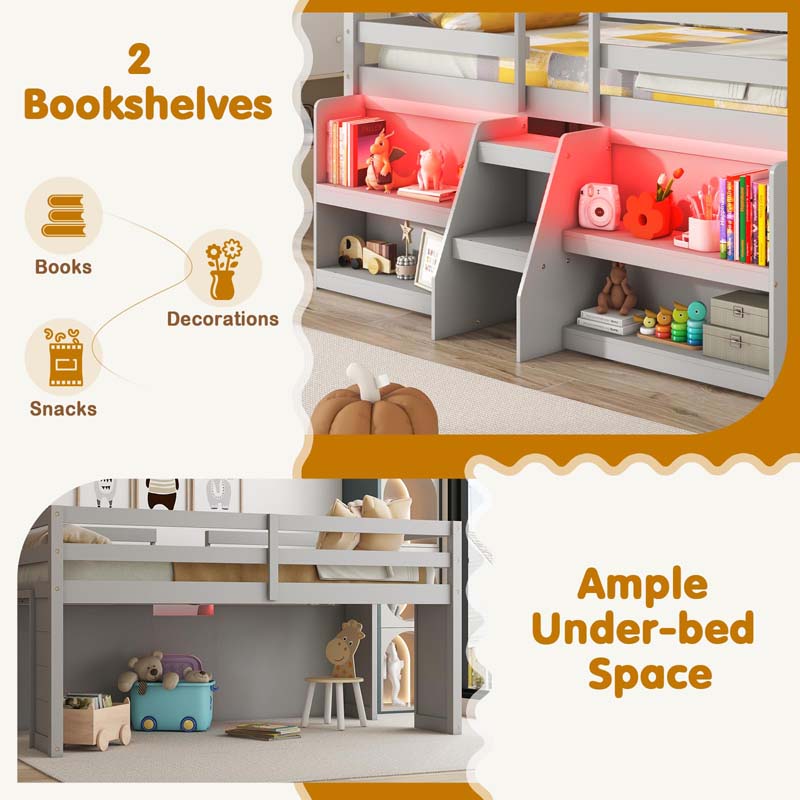 Low Loft Bed with LED Lights & Storage Bookcase, Kids Twin Size Loft Bed with Stairs, Safety Guardrail & Under-Bed Play Space