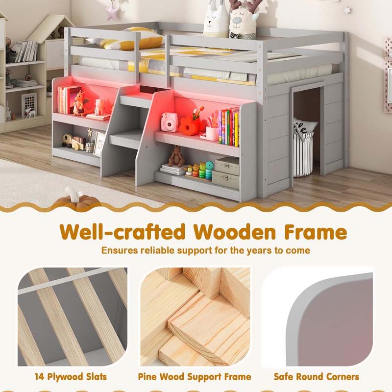 Low Loft Bed with LED Lights & Storage Bookcase, Kids Twin Size Loft Bed with Stairs, Safety Guardrail & Under-Bed Play Space