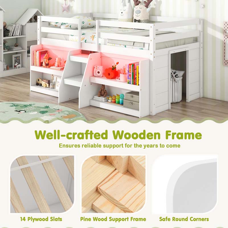 Low Loft Bed with LED Lights & Storage Bookcase, Kids Twin Size Loft Bed with Stairs, Safety Guardrail & Under-Bed Play Space
