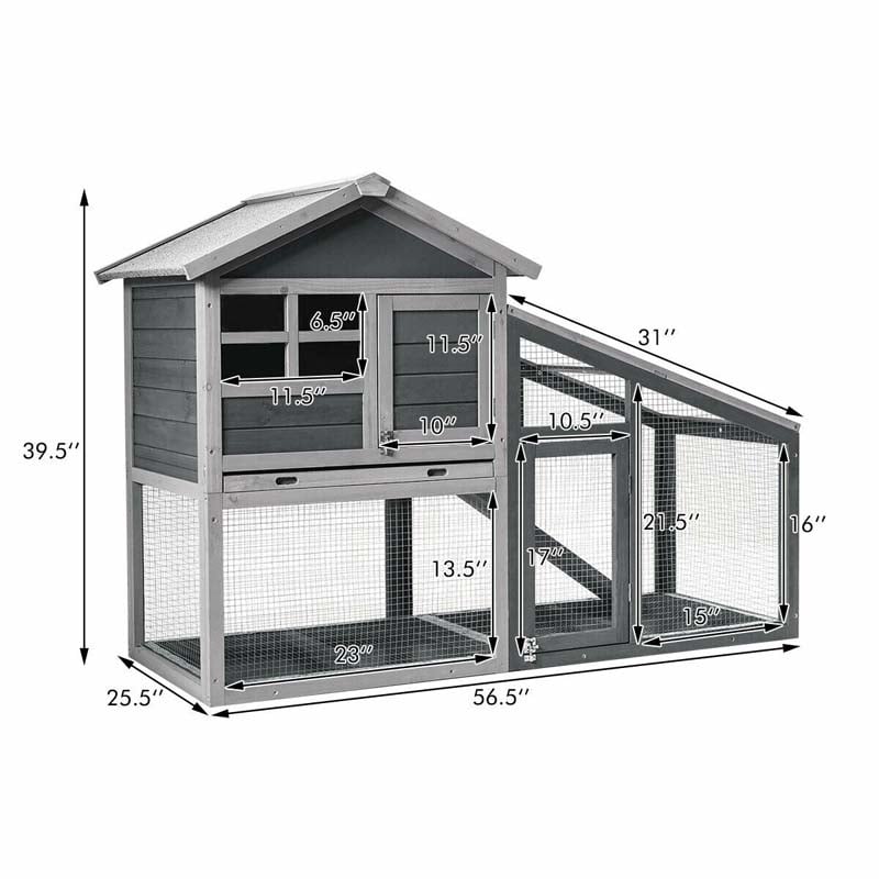 56.5 Inch Indoor Outdoor Rabbit Hutch Wooden Chicken Coop Pet Bunny Cage with Removable Tray Ventilation Door
