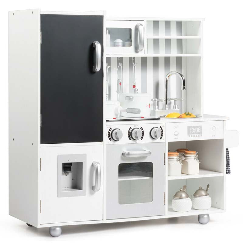 Wooden Kids Kitchen Playset with Simulated Sound, Chalkboard, Water Dispenser, Utensils, Little Chef Pretend Play Kitchen Toy Set Gift