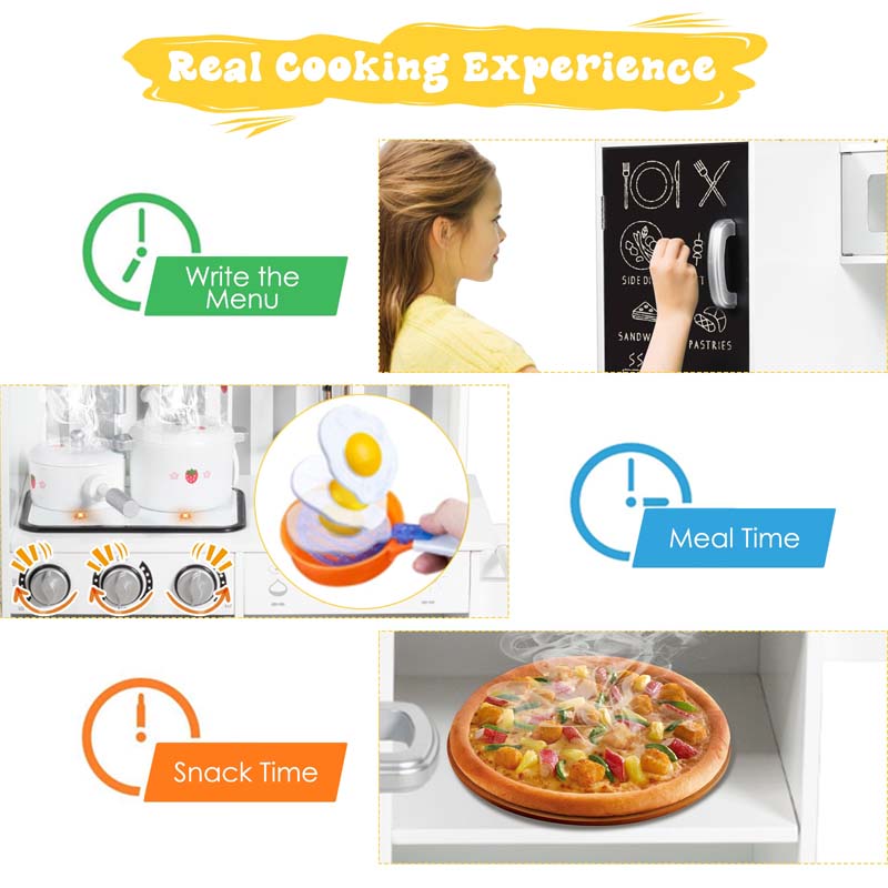 Wooden Kids Kitchen Playset with Simulated Sound, Chalkboard, Water Dispenser, Utensils, Little Chef Pretend Play Kitchen Toy Set Gift