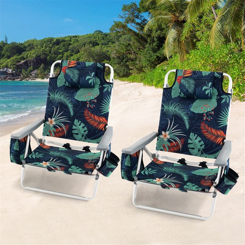 2-Pack Folding Beach Chair, Backpack Lawn Chairs, Sling Camping Chair, Patio Reclining Chairs with 5 Adjustable Position, Head Pillow