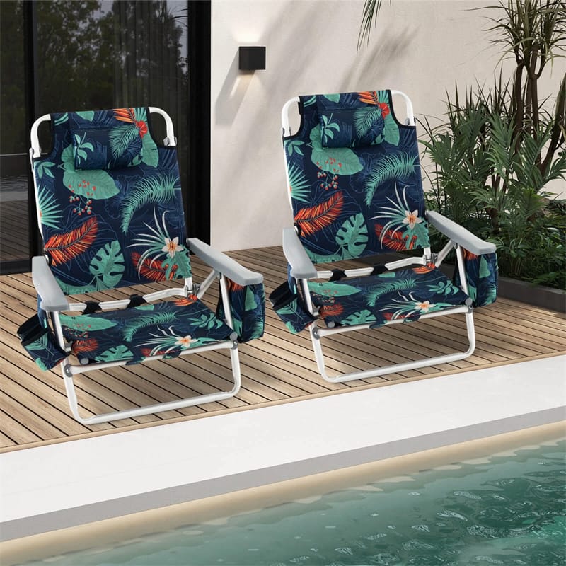 2-Pack Folding Beach Chair, Backpack Lawn Chairs, Sling Camping Chair, Patio Reclining Chairs with 5 Adjustable Position, Head Pillow