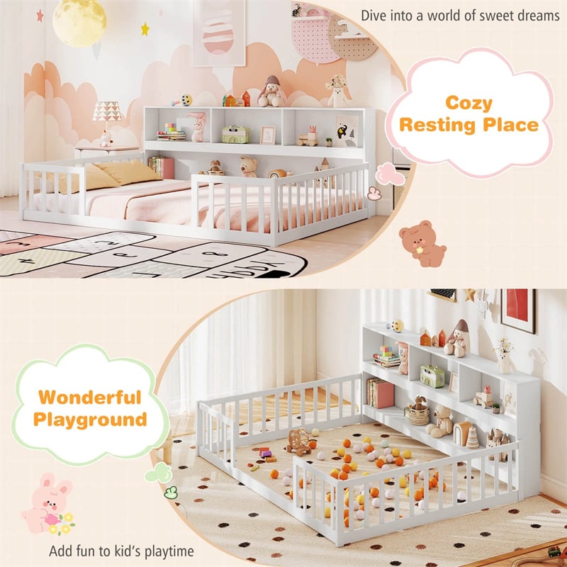 Full Size Montessori Floor Bed with Bookcase, Storage Shelves & Safety Fence Rails, Solid Wood Bed Frame for Kids, No Box Spring Needed
