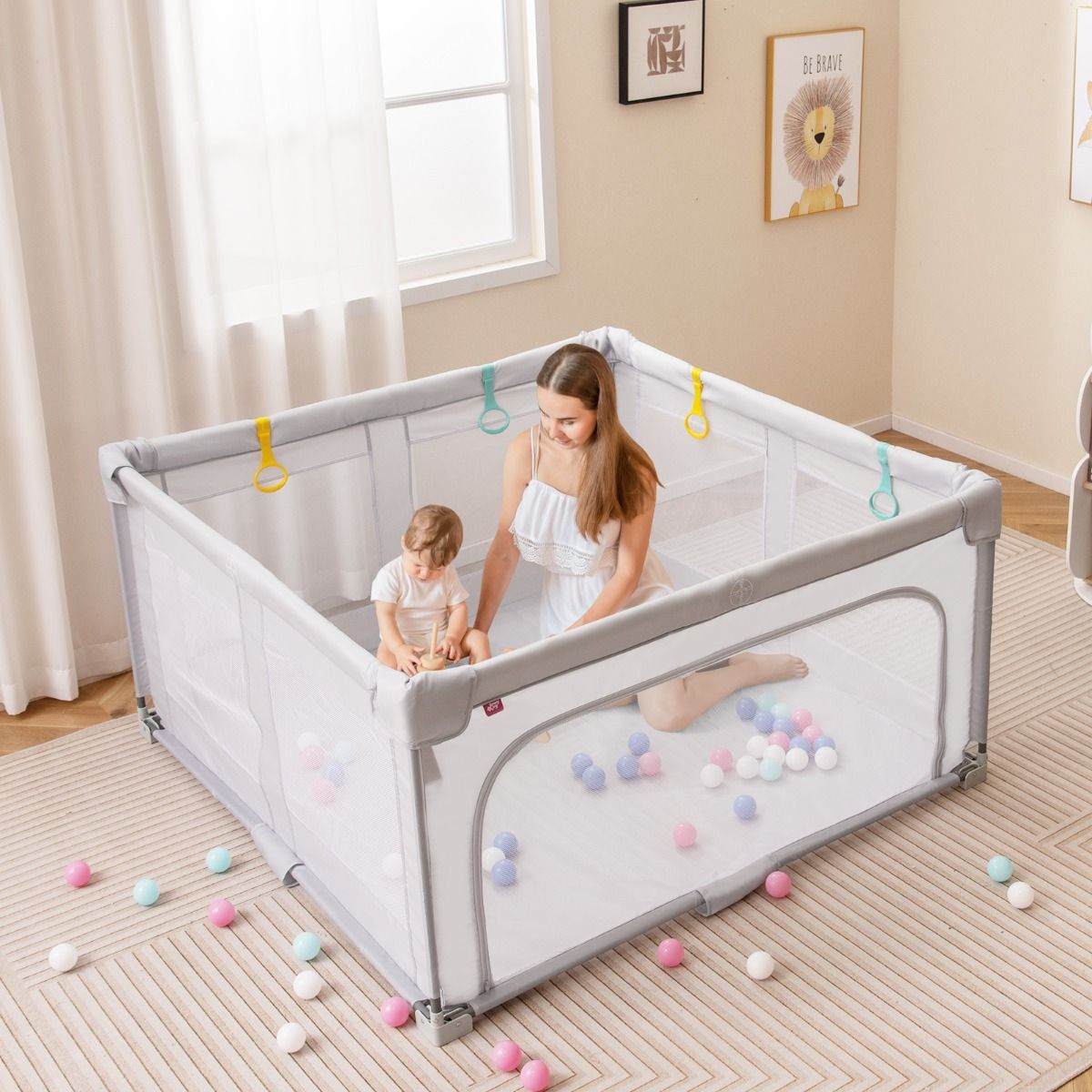 150 x 150 cm Large Baby Playpen with Zipper Gate & 50 Ocean Balls