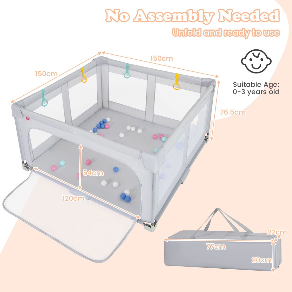 150 x 150 cm Large Baby Playpen with Zipper Gate & 50 Ocean Balls