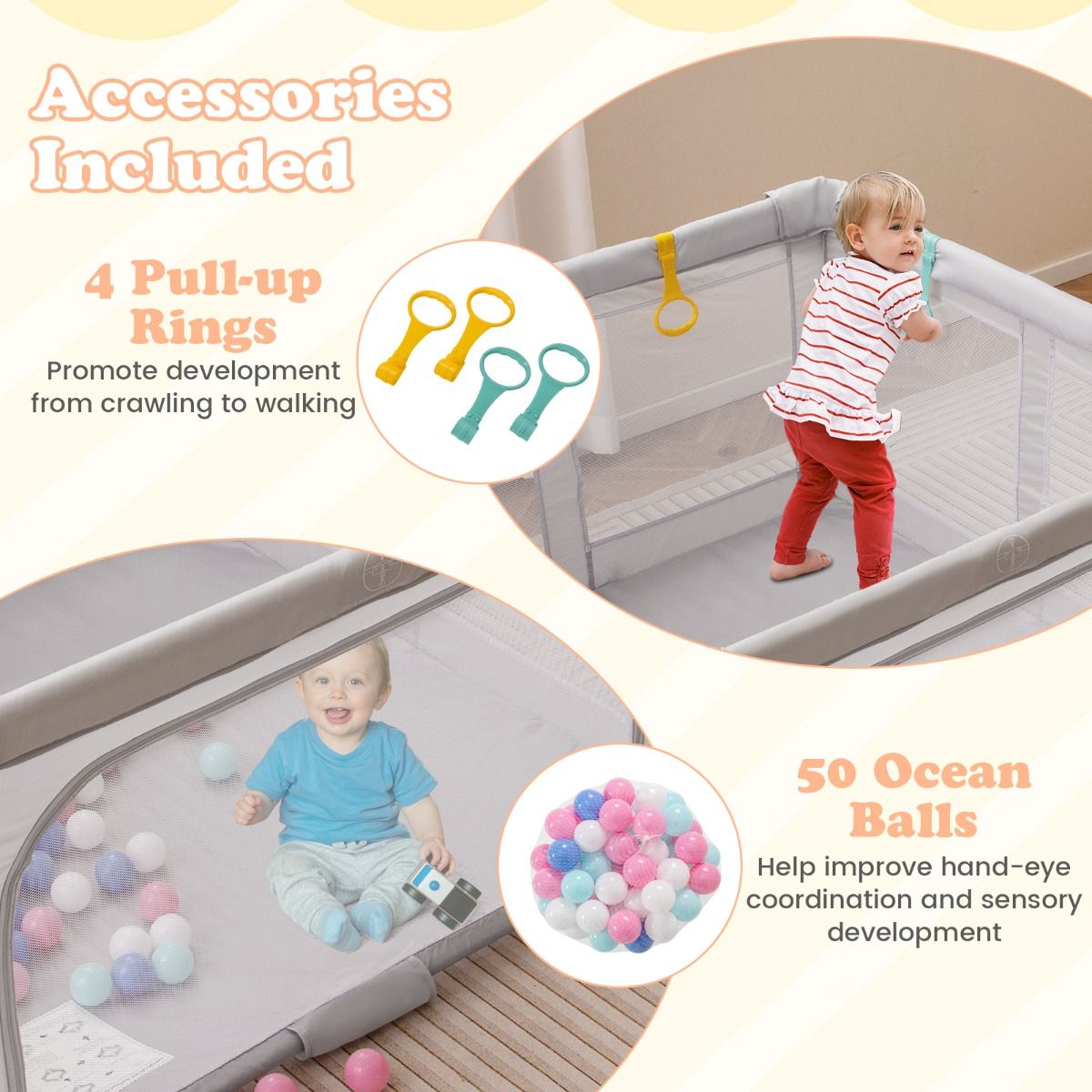 150 x 150 cm Large Baby Playpen with Zipper Gate & 50 Ocean Balls