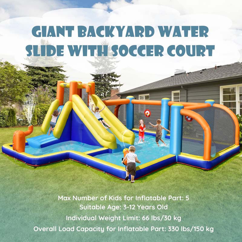7-in-1 Soccer-Themed Inflatable Water Slide with 680W Blower