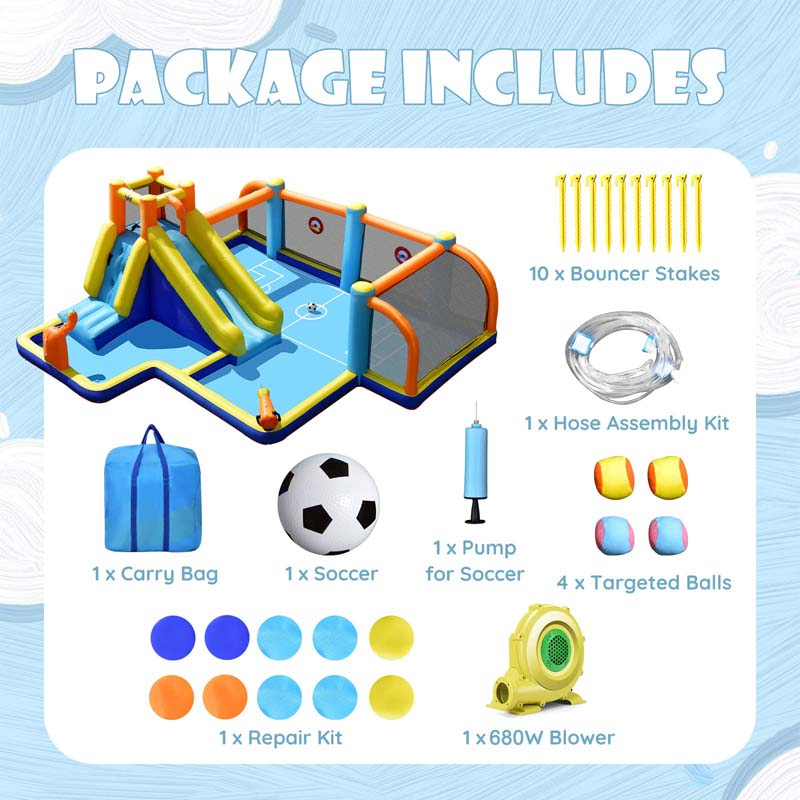 7-in-1 Soccer-Themed Inflatable Water Slide with 680W Blower