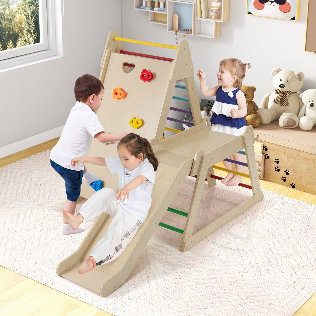 3-In 1 Jungle Gym with Extended Slide and Rock Climbing for Kids 3+