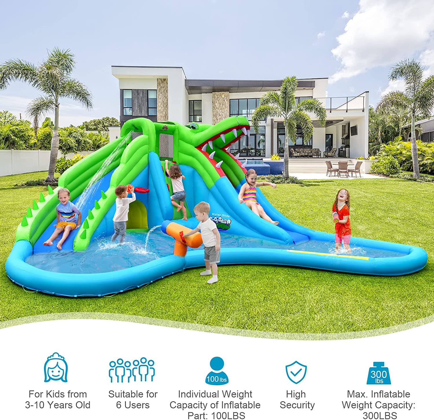 Crocodile Water Slides with Bouncy Pool and Climbing Wall
