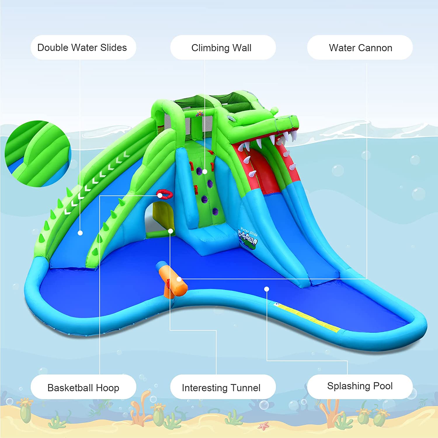 Crocodile Water Slides with Bouncy Pool and Climbing Wall