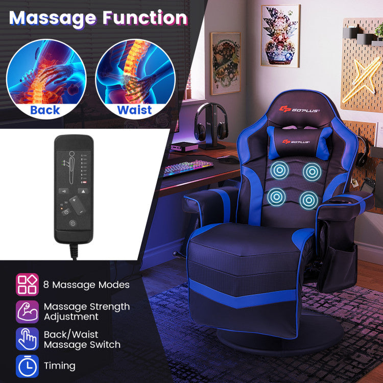Massage Video Gaming Chair Height Adjustable Recliner 360° Swivel Office Chair with Retractable Footrest and Reclining Backrest