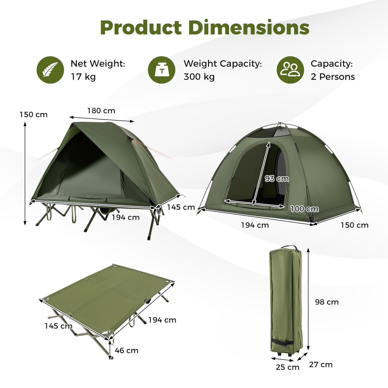 2-Person Camping Cot Tent, Foldable Off-Ground Camping Combo for Adults