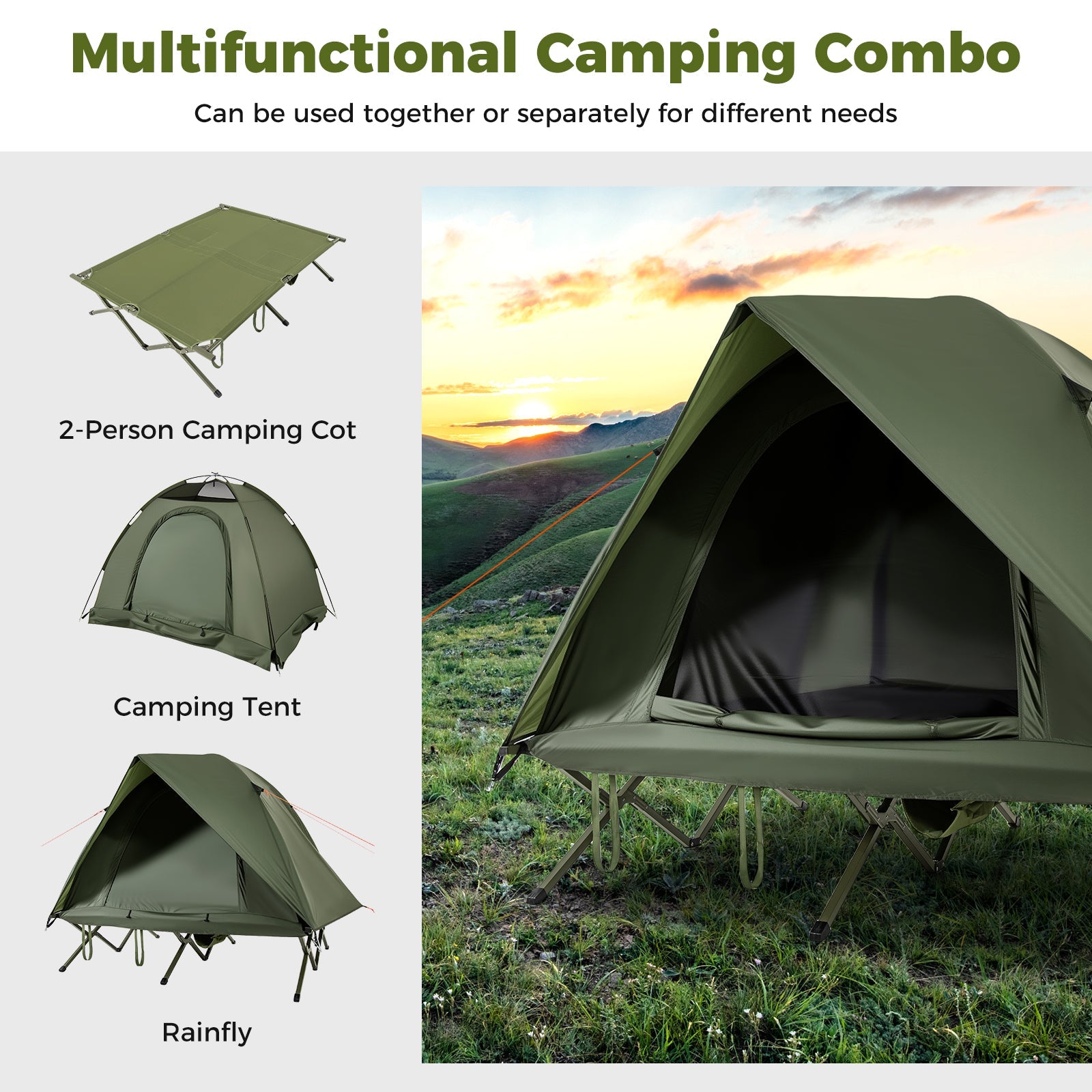2-Person Camping Cot Tent, Foldable Off-Ground Camping Combo for Adults