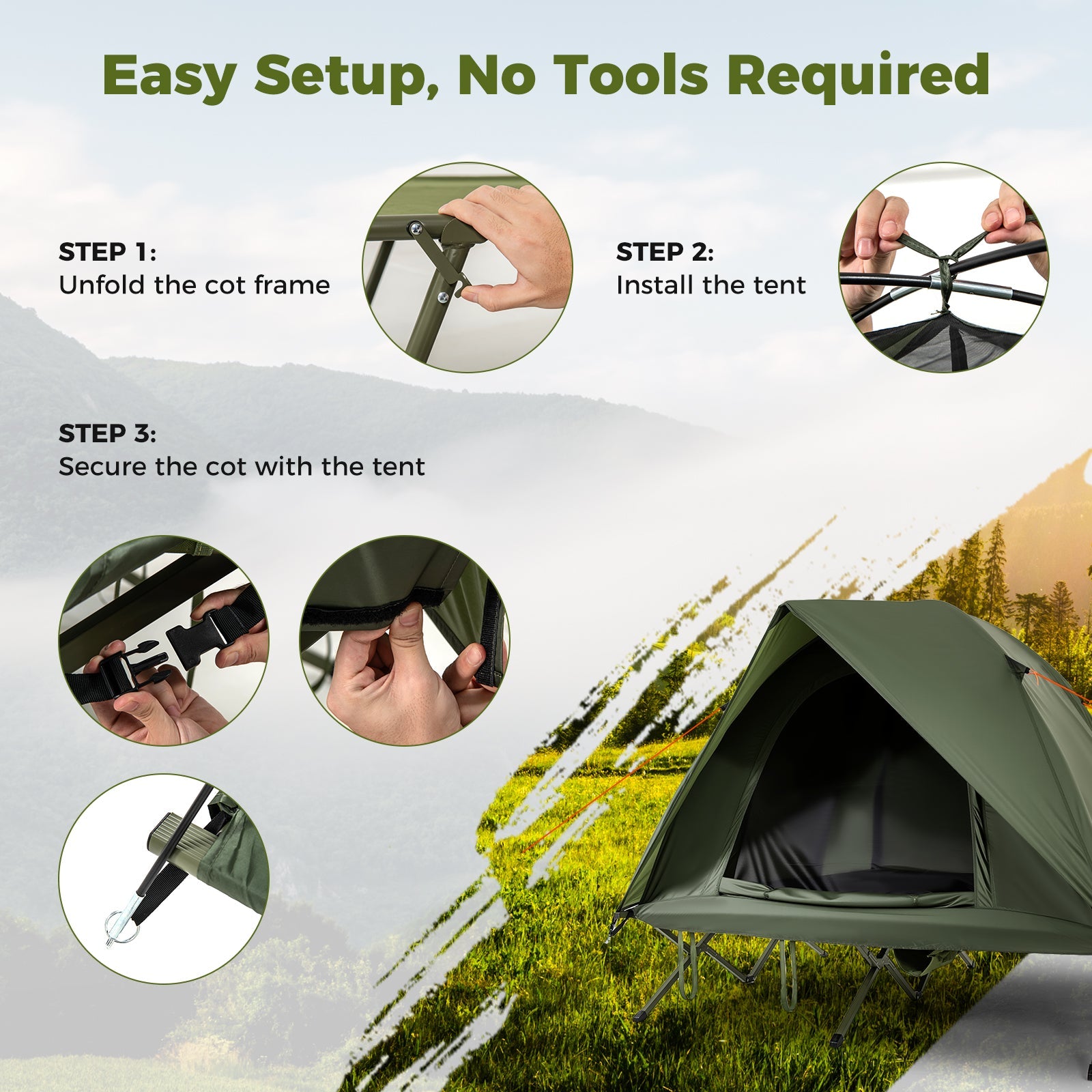 2-Person Camping Cot Tent, Foldable Off-Ground Camping Combo for Adults