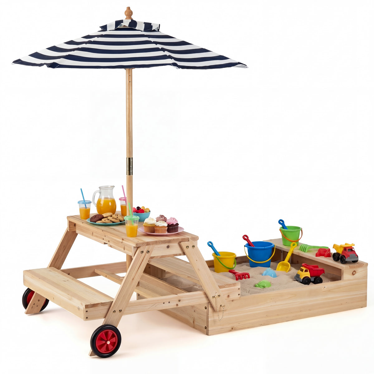 2-in-1 Wooden Sandbox with Foldable Umbrella and Convertible Picnic Table, Benches, Removable Top