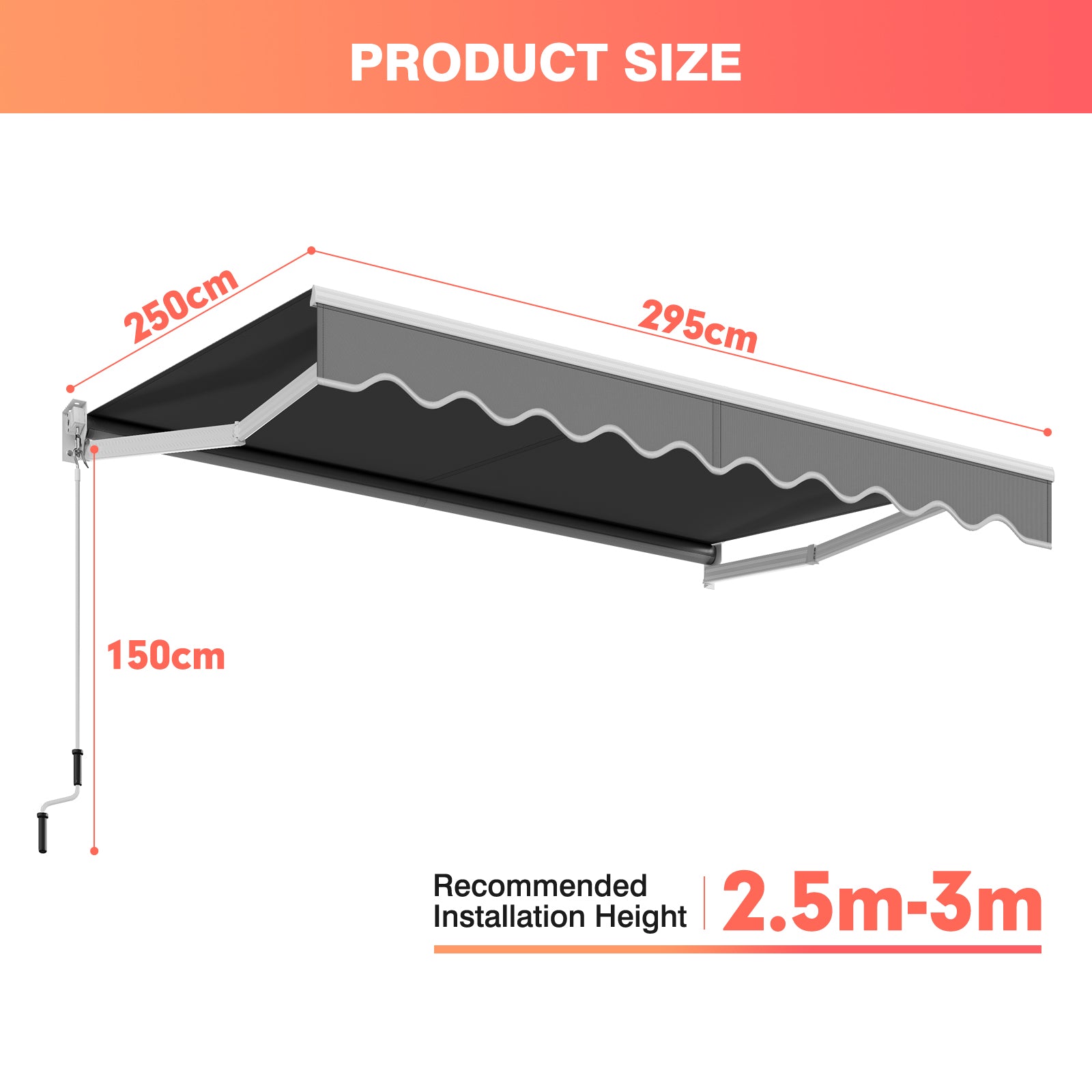 2.5 x 2/2.95M Retractable Awning, Sun Shade Shelter w/Easy Opening Manual Crank Handle
