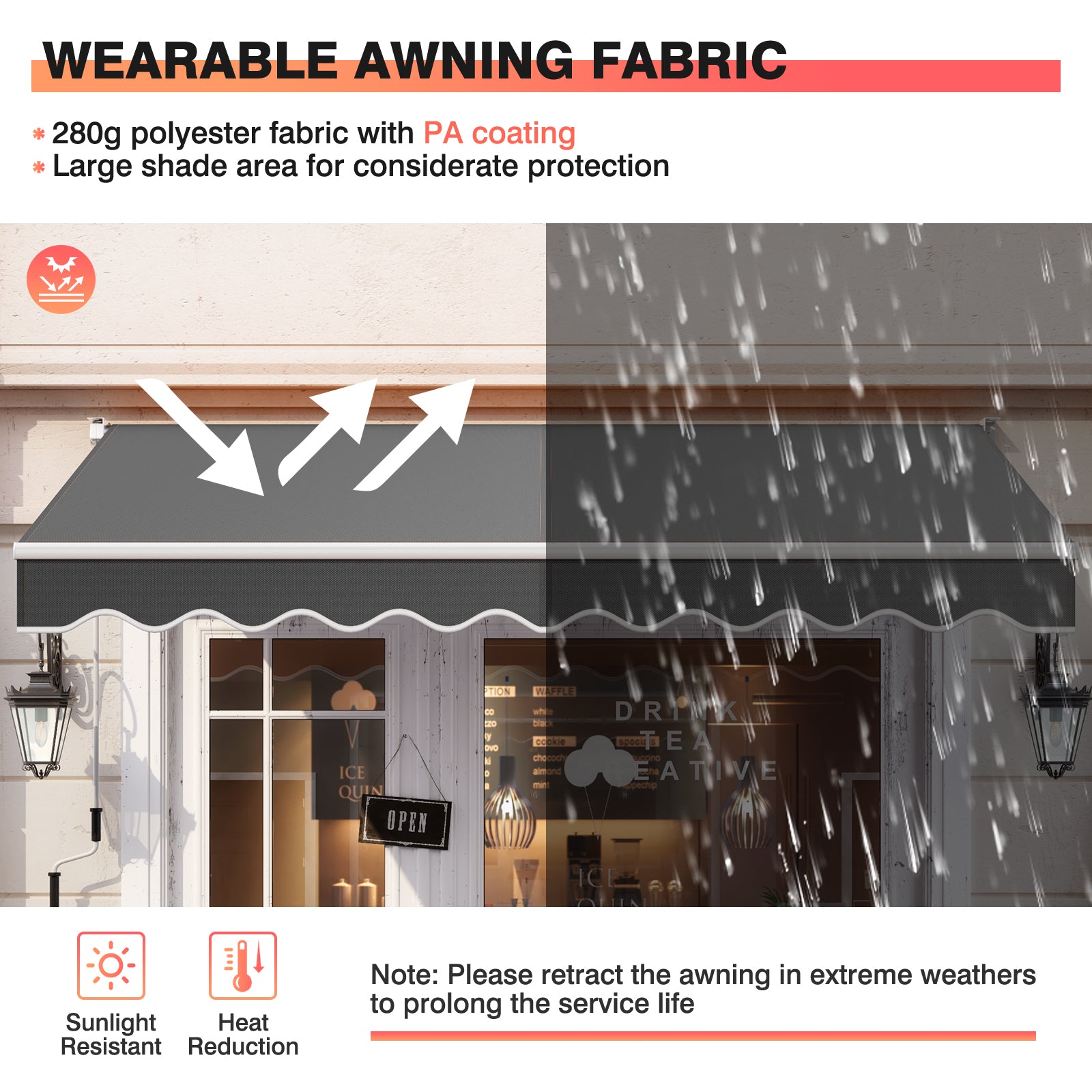 2.5 x 2/2.95M Retractable Awning, Sun Shade Shelter w/Easy Opening Manual Crank Handle