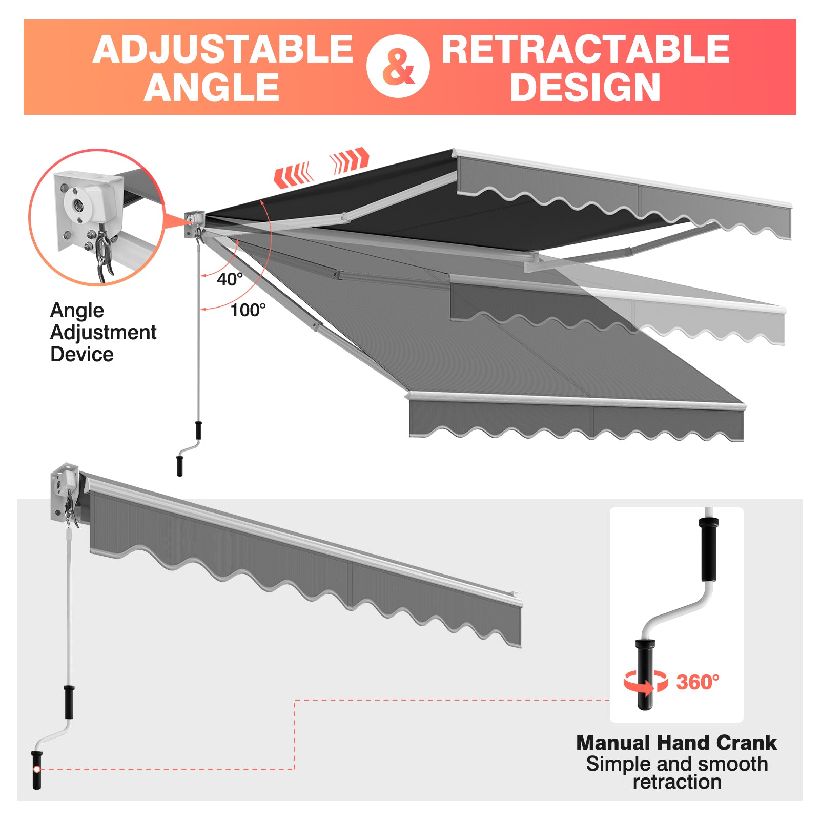 2.5 x 2/2.95M Retractable Awning, Sun Shade Shelter w/Easy Opening Manual Crank Handle
