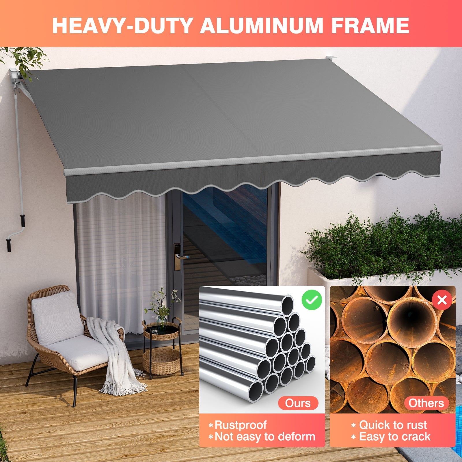 2.5 x 2/2.95M Retractable Awning, Sun Shade Shelter w/Easy Opening Manual Crank Handle