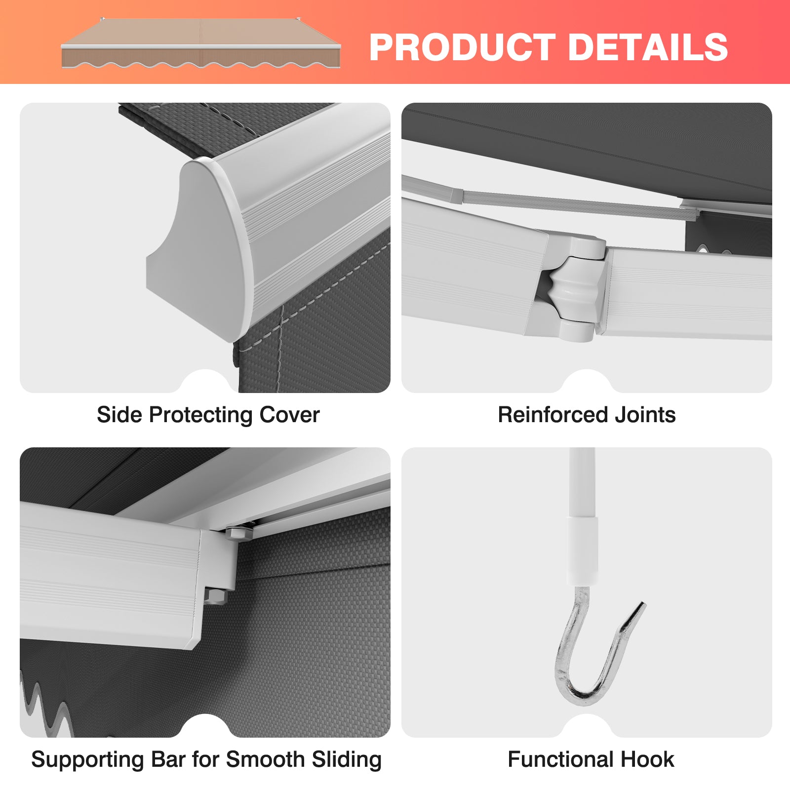 2.5 x 2/2.95M Retractable Awning, Sun Shade Shelter w/Easy Opening Manual Crank Handle