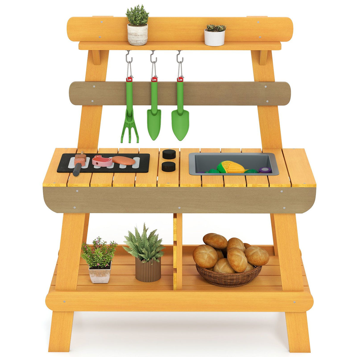 Outdoor Mud Kitchen for Kids, Toddler Wood Pretend Play Kitchen with Gardening Accessories, Sink