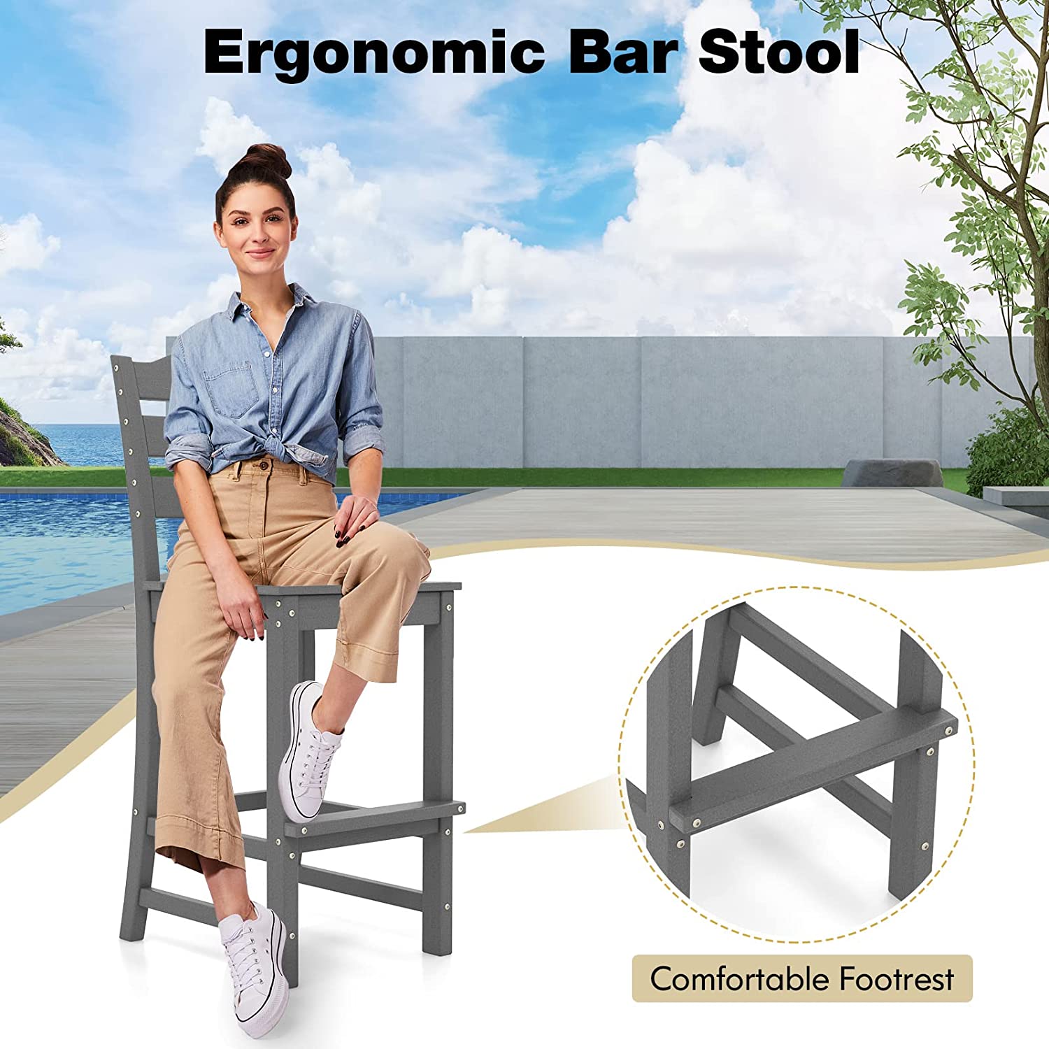 Outdoor All-Weather HDPE Bar Stool Patio 30 Inches Counter Height Bar Chair with Backrest and Footrest