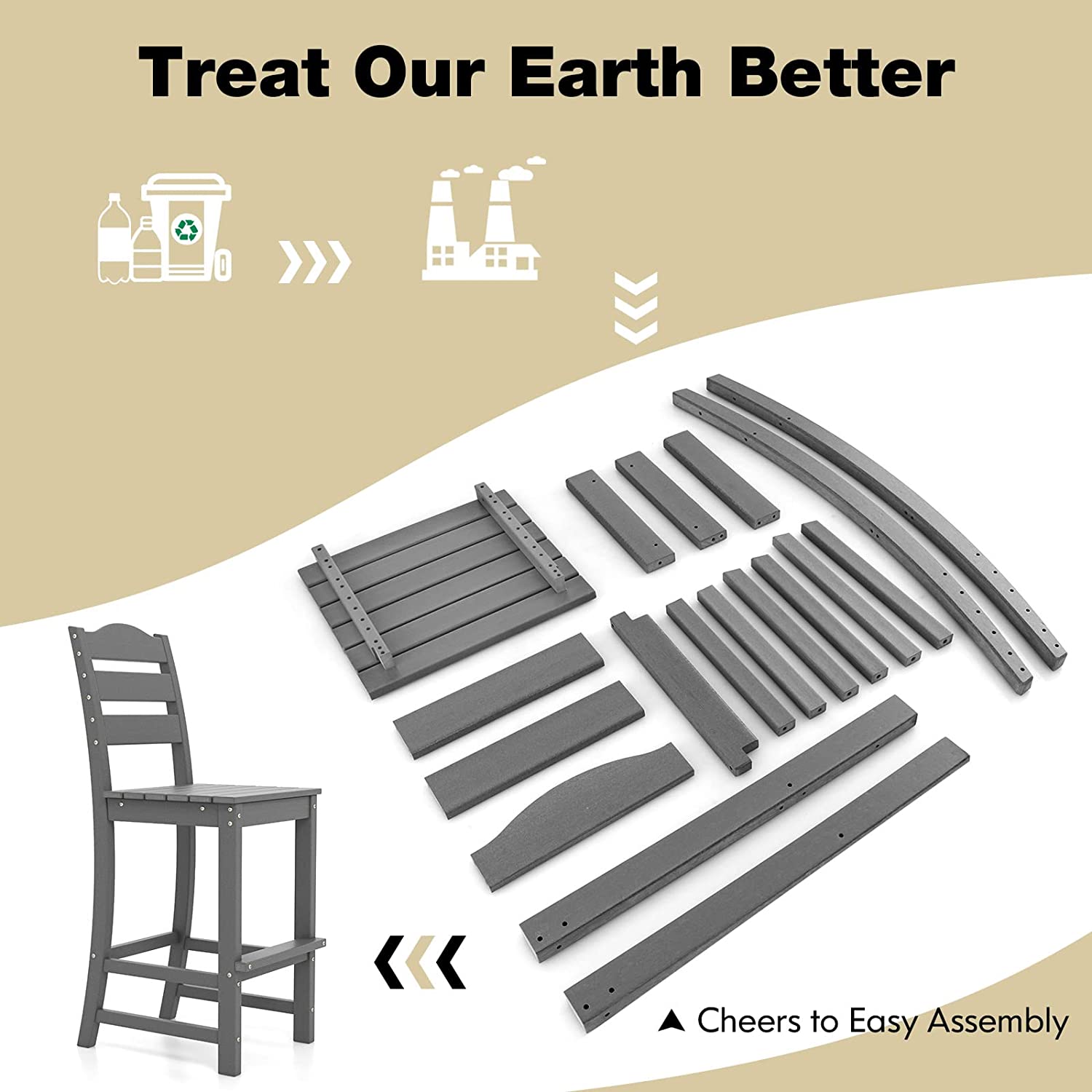 Outdoor All-Weather HDPE Bar Stool Patio 30 Inches Counter Height Bar Chair with Backrest and Footrest