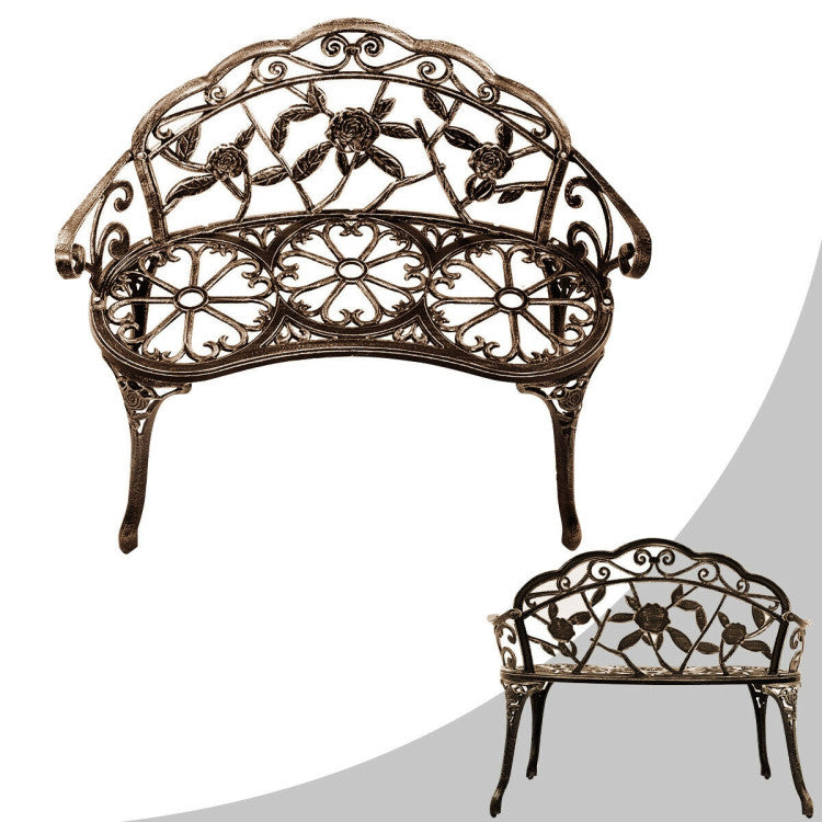 Outdoor Aluminum Antique Bench Patio Loveseat Chair with Floral Rose Style and Foot Pads