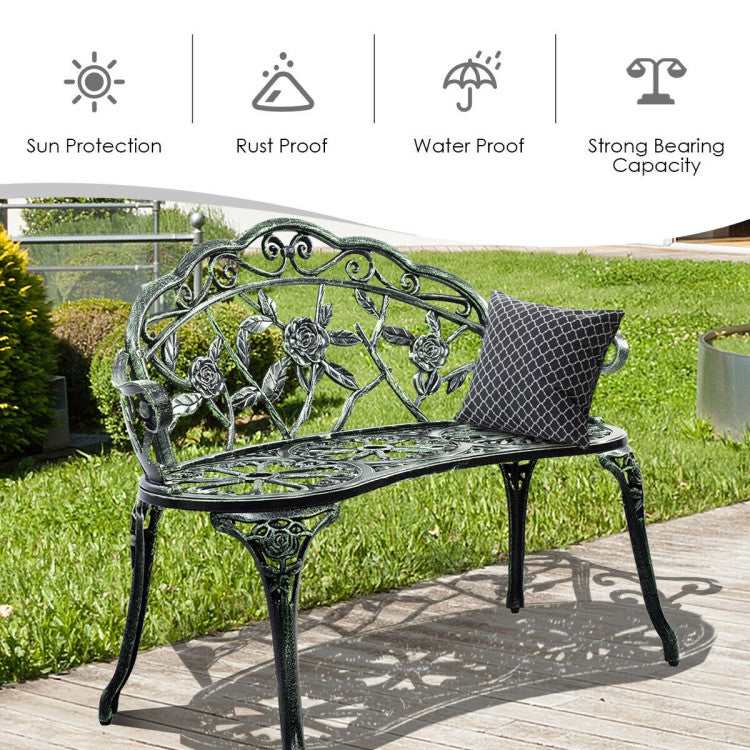 Outdoor Aluminum Antique Bench Patio Loveseat Chair with Floral Rose Style and Foot Pads