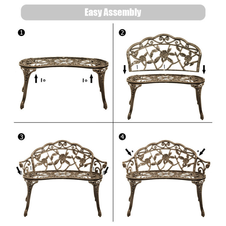 Outdoor Aluminum Antique Bench Patio Loveseat Chair with Floral Rose Style and Foot Pads