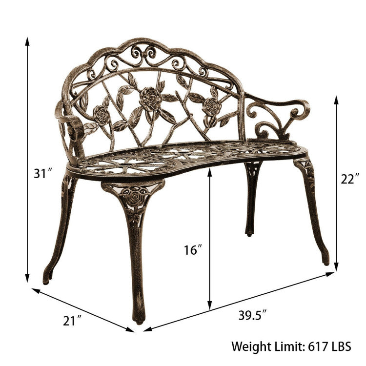 Outdoor Aluminum Antique Bench Patio Loveseat Chair with Floral Rose Style and Foot Pads