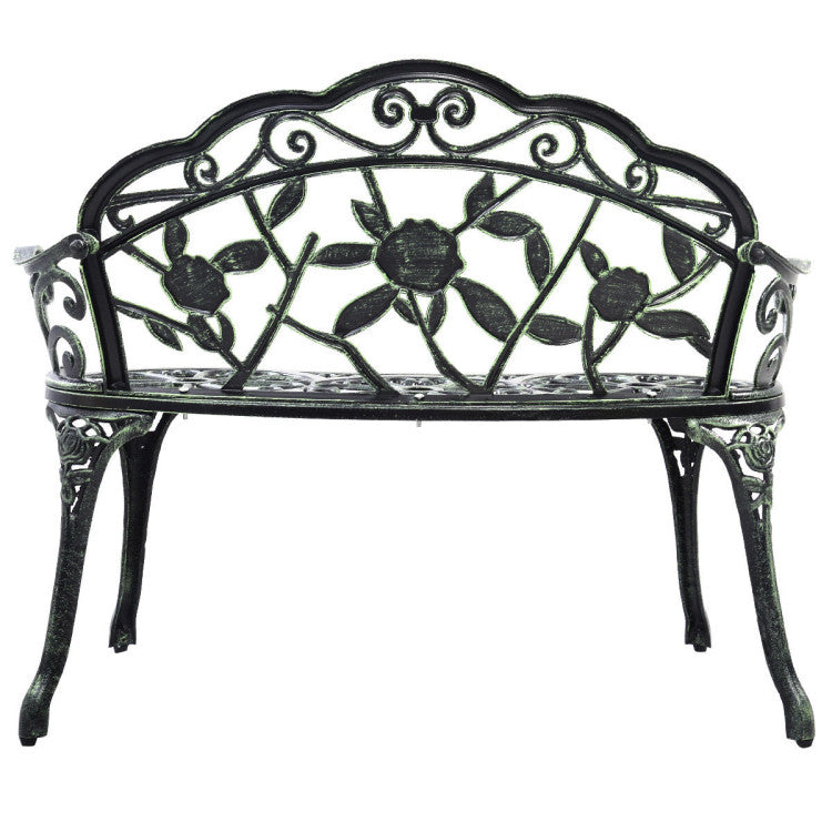 Outdoor Aluminum Antique Bench Patio Loveseat Chair with Floral Rose Style and Foot Pads