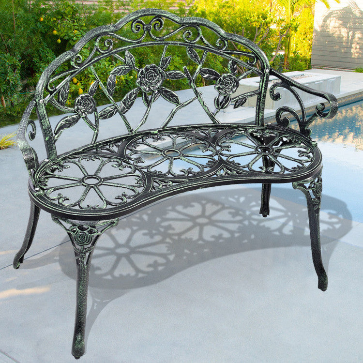 Outdoor Aluminum Antique Bench Patio Loveseat Chair with Floral Rose Style and Foot Pads