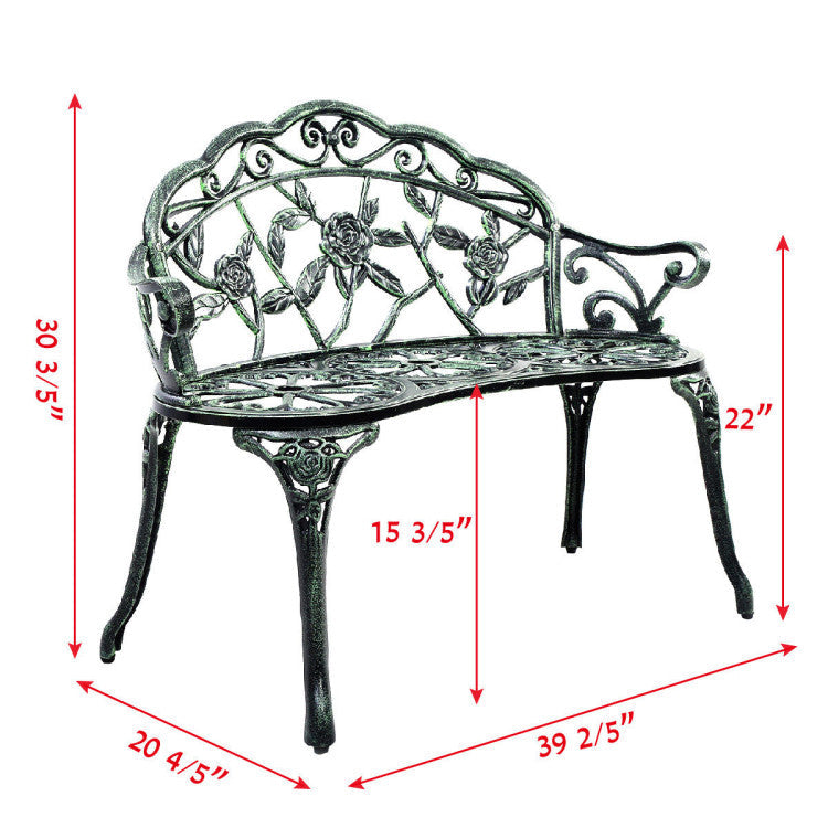 Outdoor Aluminum Antique Bench Patio Loveseat Chair with Floral Rose Style and Foot Pads