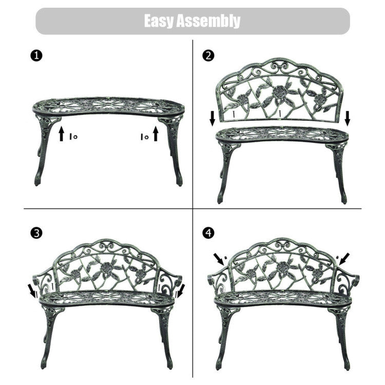 Outdoor Aluminum Antique Bench Patio Loveseat Chair with Floral Rose Style and Foot Pads