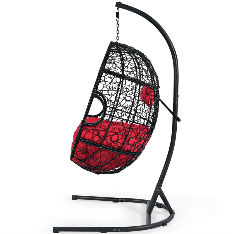 Outdoor Hanging Egg Chair Patio Swing Chair with C Hammock Stand and Soft Cushion