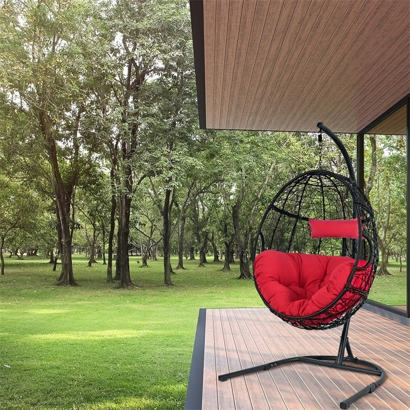 Outdoor Hanging Egg Chair Patio Swing Chair with C Hammock Stand and Soft Cushion