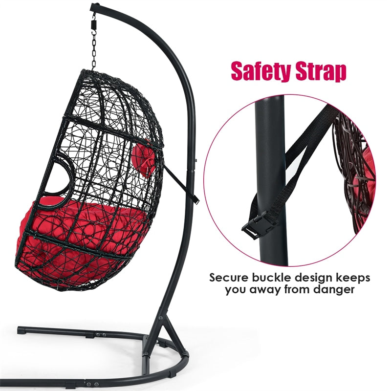 Outdoor Hanging Egg Chair Patio Swing Chair with C Hammock Stand and Soft Cushion