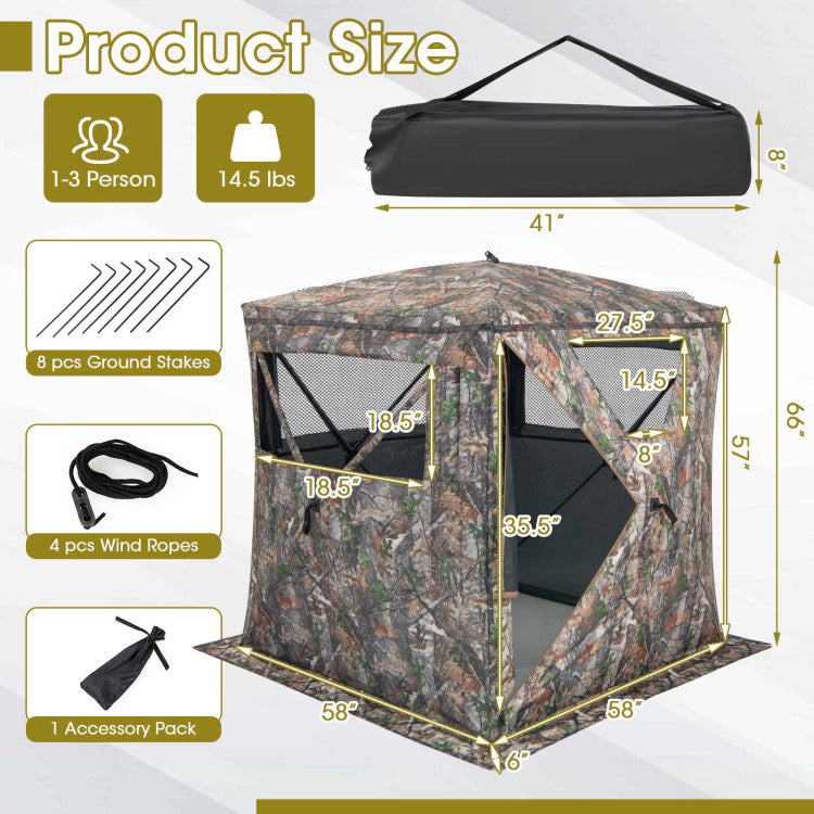 Portable 2-3 Person Pop-Up Hunting Blind Shed Ground Tent Shelter with Carry Bag and Storage Pocket